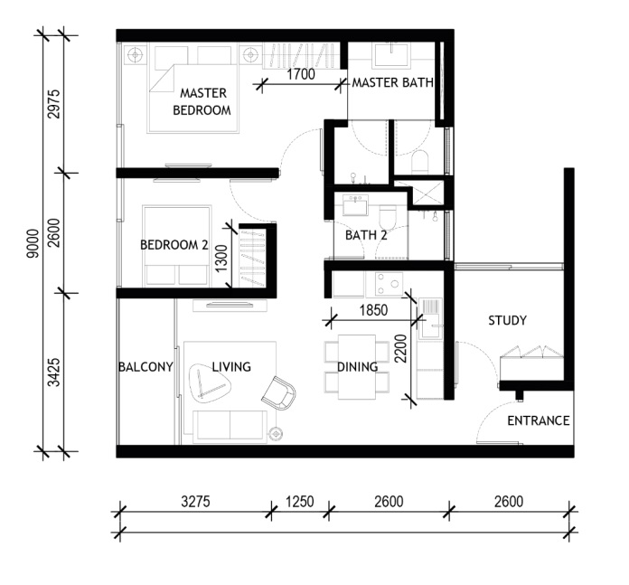 10 Stonor Type B · 801 sf · 2+1 Bed floor plan