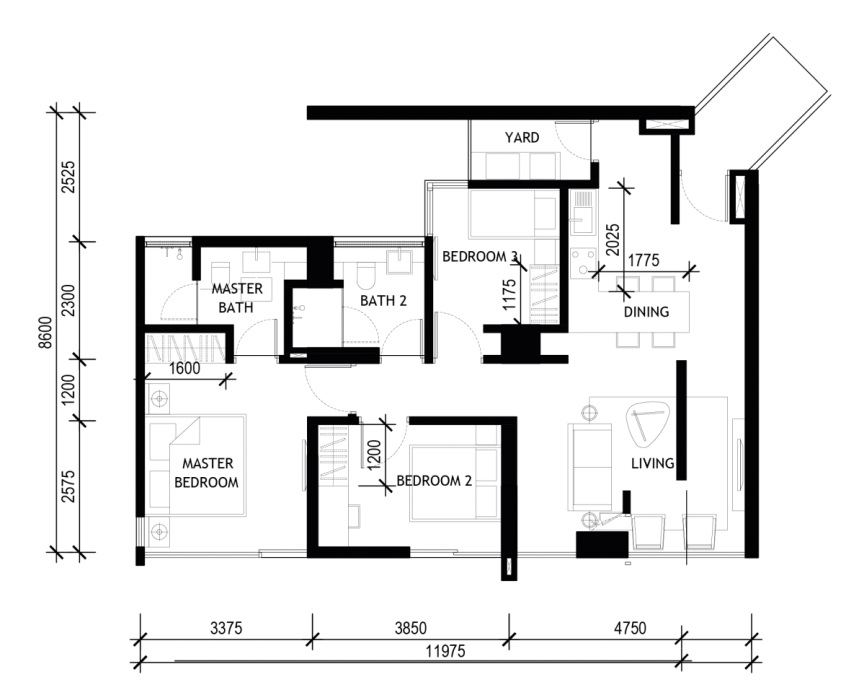 10 Stonor Type C · 971 sf · 3 Bed floor plan