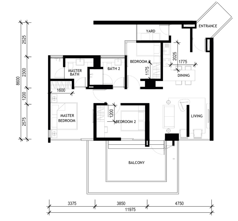 10 Stonor Type C1 · 1,114 sf · 3 Bed + Balcony floor plan