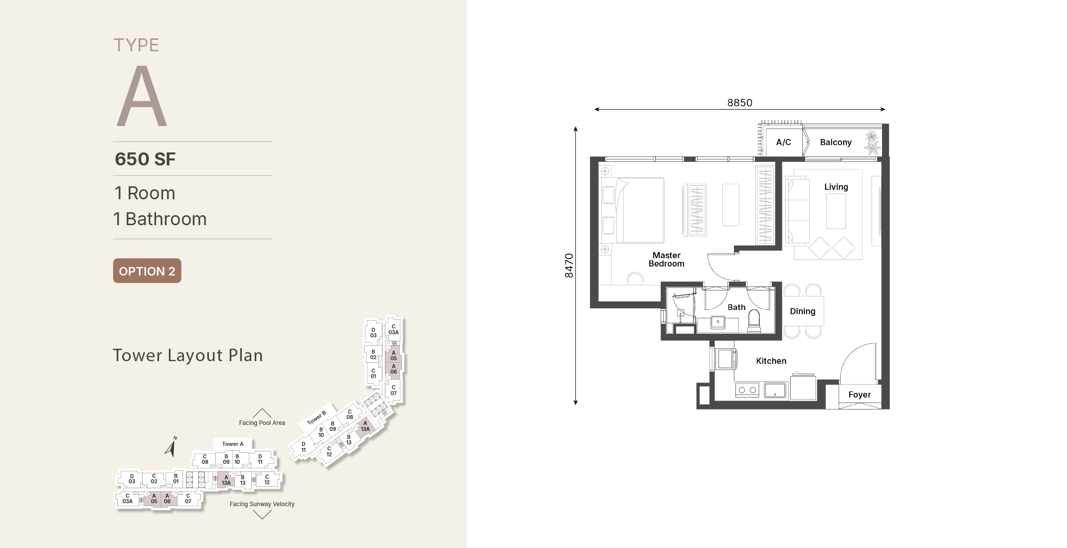 Sunway Cochrane Type A · 650 sf · 1 Bed floor plan