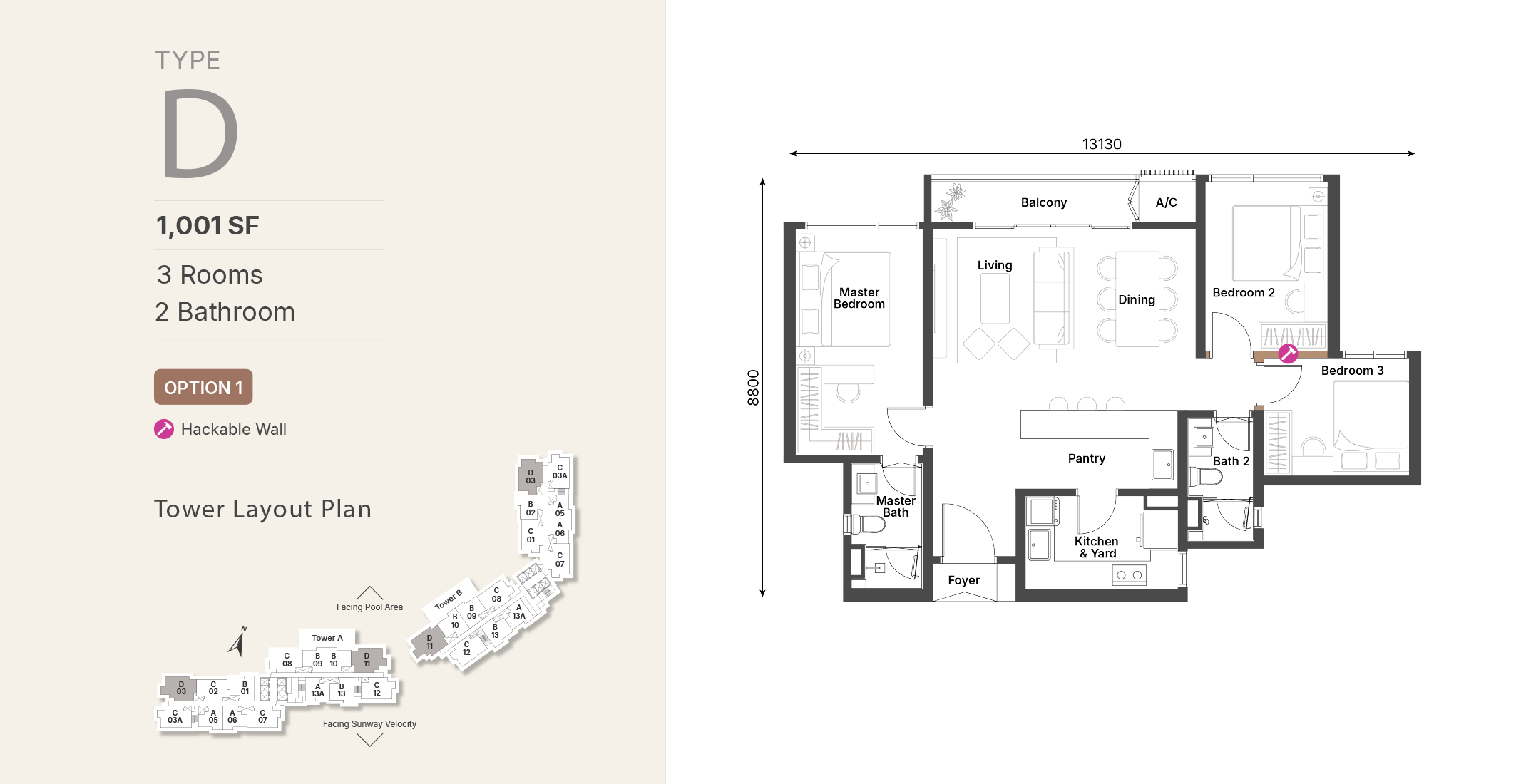 Sunway Cochrane Type D · 1,001 sf · 3 Bed (Hackable Wall) floor plan