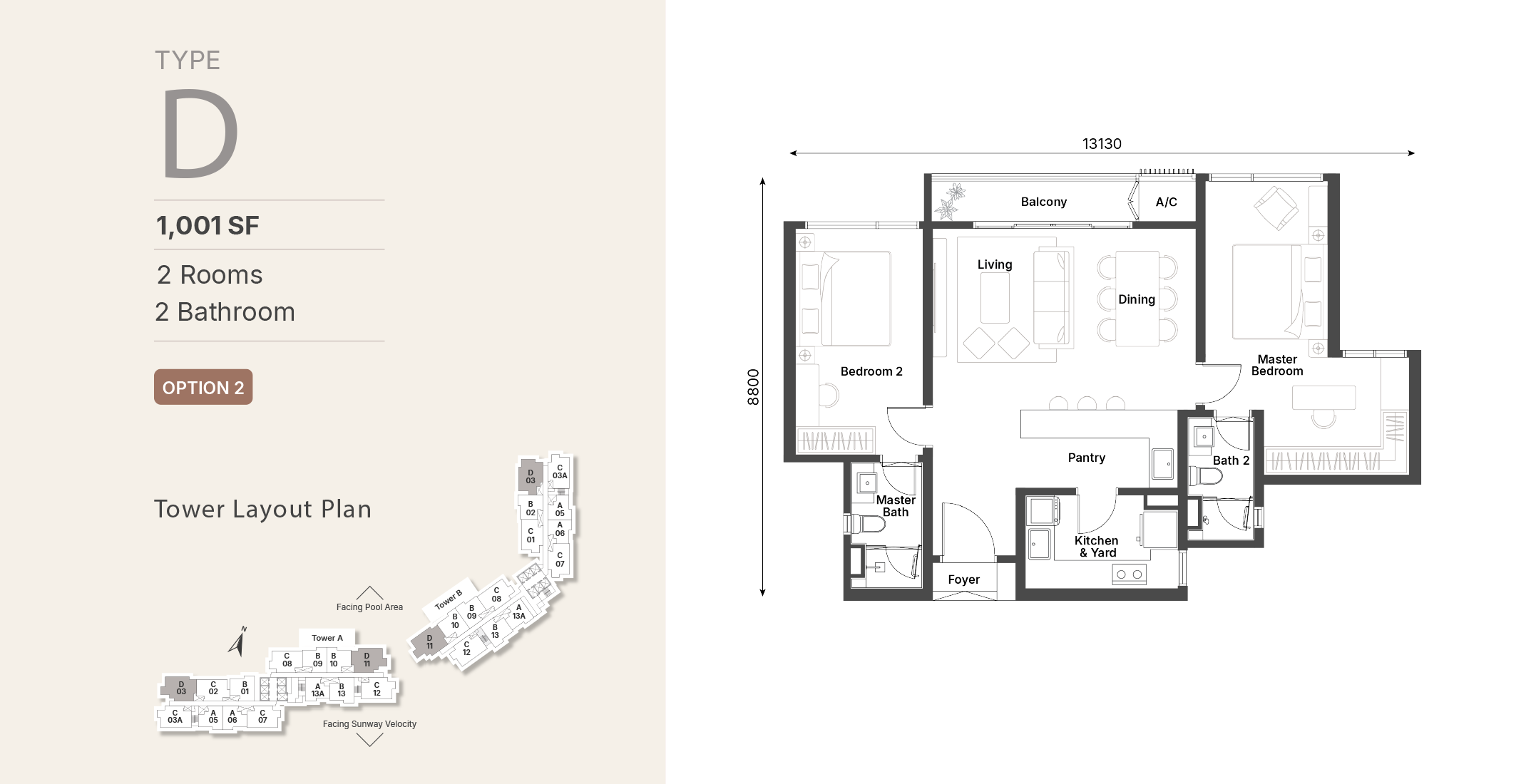 Sunway Cochrane Type D · 1,001 sf · 2 Bed floor plan
