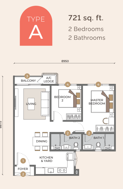 Sunway Velocity 3 Type A · 721 sf · 2 Bed floor plan