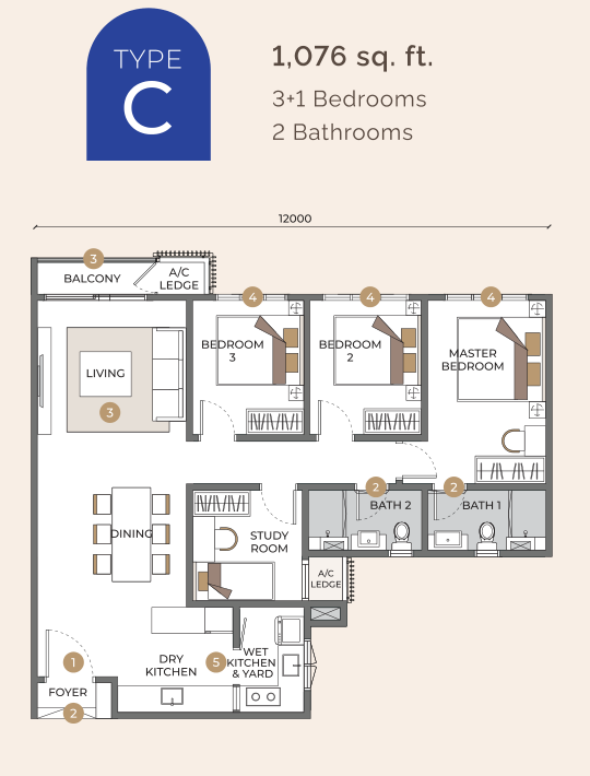 Sunway Velocity 3 Type C · 1,076 sf · 3+1 Bed floor plan