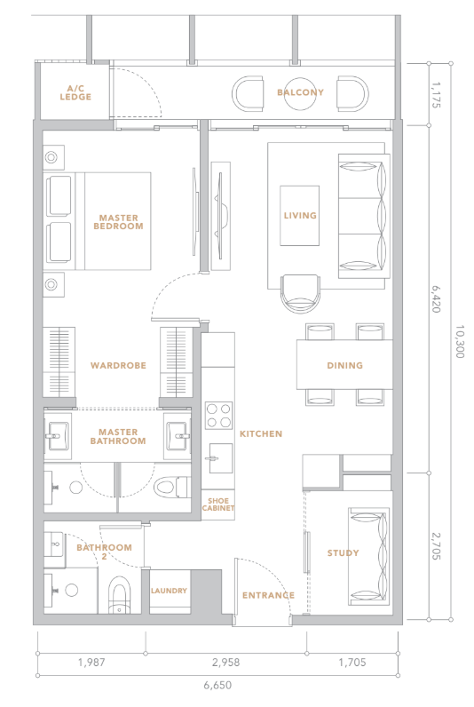 The Conlay 1 Bedroom + Study · 6.65m × 10.30m floor plan