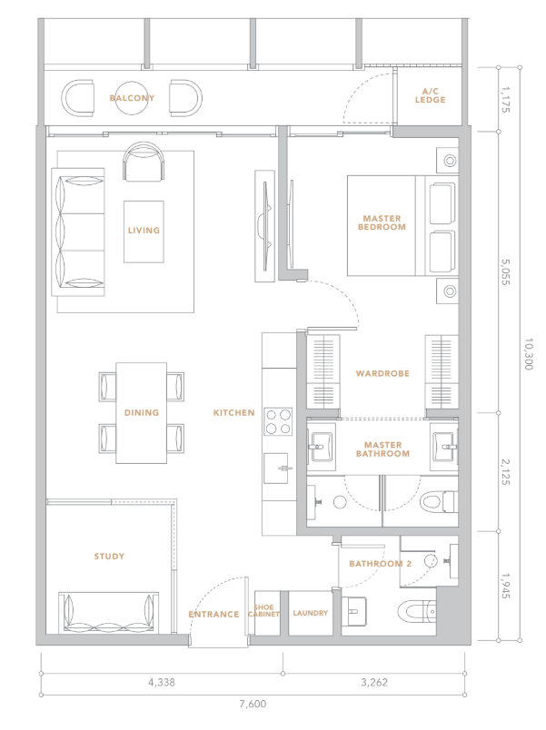 The Conlay 1 Bedroom + Study · 7.60m × 10.30m floor plan