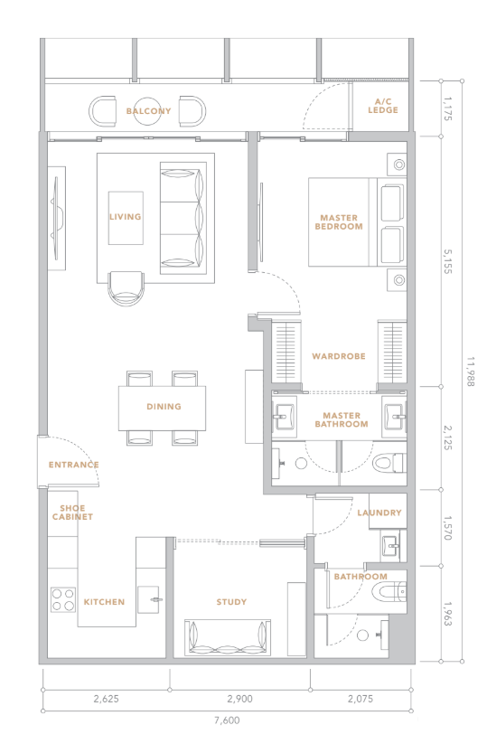 The Conlay 1 Bedroom + Study · 7.60m × 11.99m floor plan