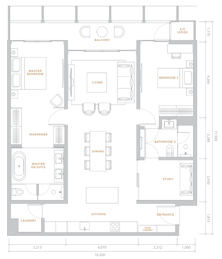 The Conlay 2 Bedroom + Study · 10.50m × 11.99m floor plan