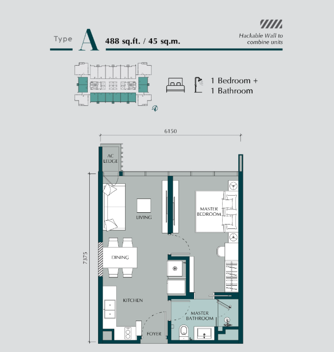 Times Square 2 Type A · 1 Bed, 1 Bath · 488 sf floor plan