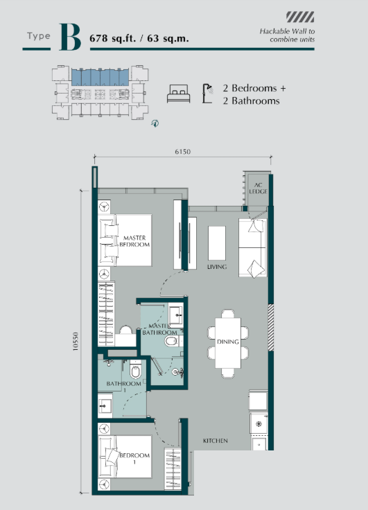 Times Square 2 Type B · 2 Bed, 2 Bath · 678 sf floor plan