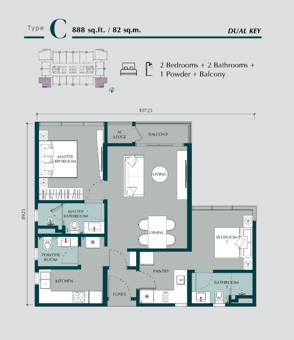 Times Square 2 Type C (Dual Key) · 2 Bed, 2 Bath + Powder · 888 sf floor plan