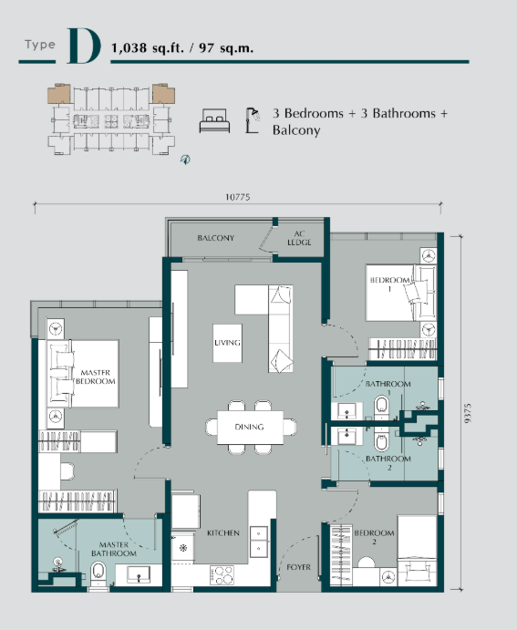 Times Square 2 Type D · 3 Bed, 3 Bath · 1,038 sf floor plan
