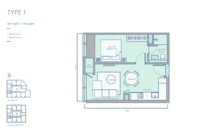 TRX Residences Type 1 · 1 Bed, 1 Bath · 474 sf floor plan