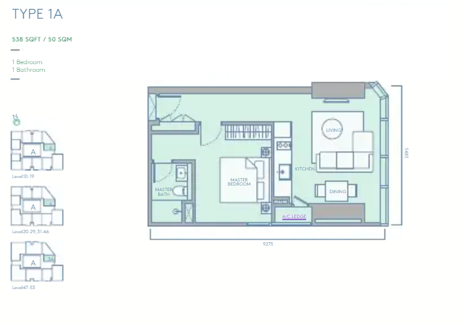 TRX Residences Type 1A · 1 Bed, 1 Bath · 538 sf floor plan