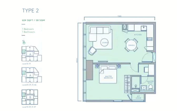 TRX Residences Type 2 · 1 Bed, 1 Bath · 624 sf floor plan