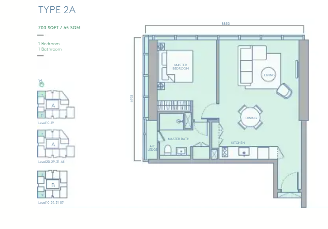 TRX Residences Type 2A · 1 Bed, 1 Bath · 700 sf floor plan