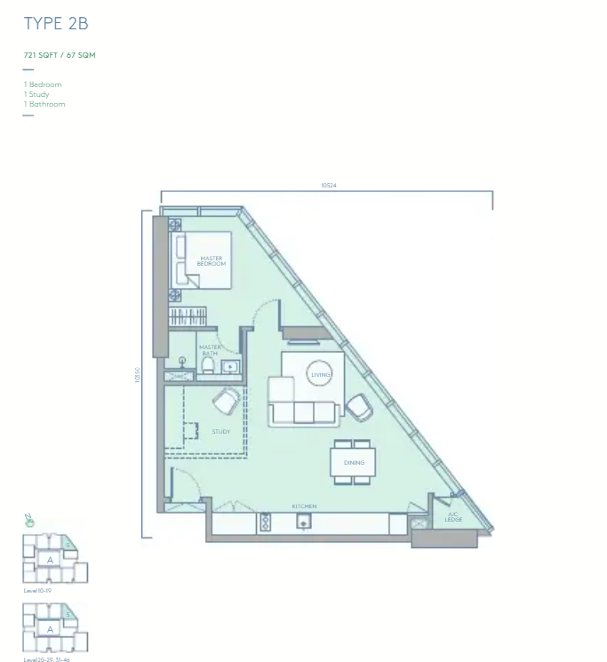 TRX Residences Type 2B · 1 Bed + Study, 1 Bath · 721 sf floor plan