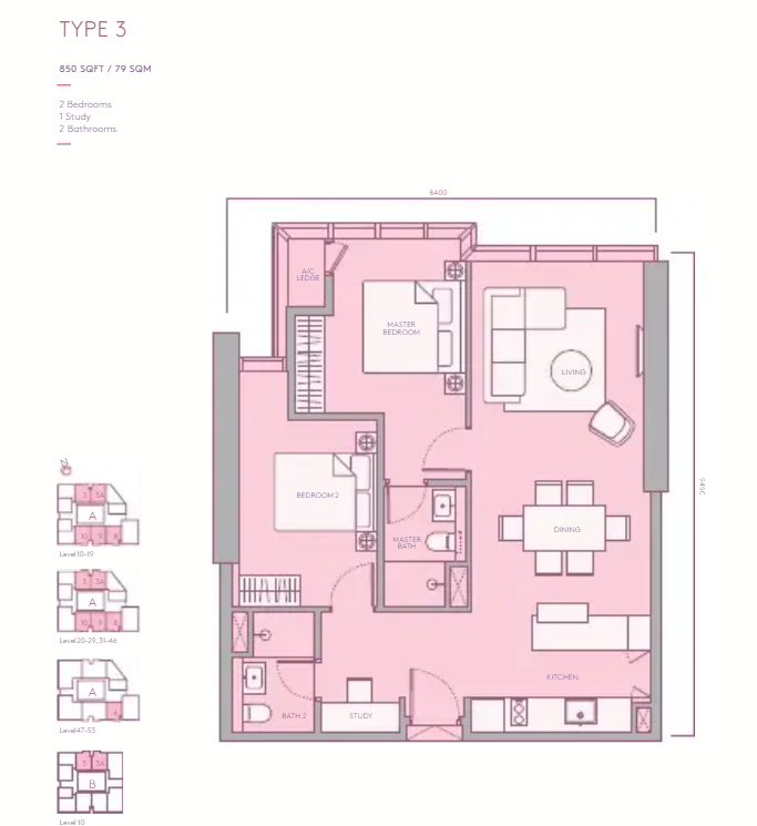 TRX Residences Type 3 · 2 Bed + Study, 2 Bath · 850 sf floor plan