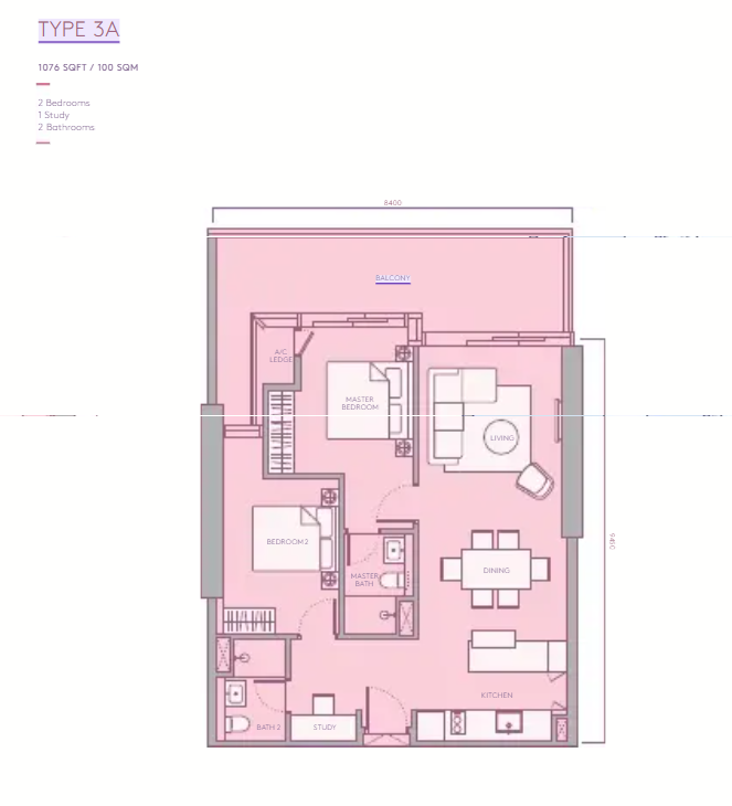 TRX Residences Type 3A · 2 Bed + Study, 2 Bath · 1,076 sf floor plan