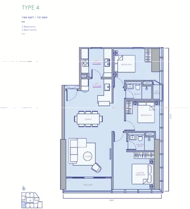 TRX Residences Type 4 · 3 Bed, 2 Bath · 1,184 sf floor plan