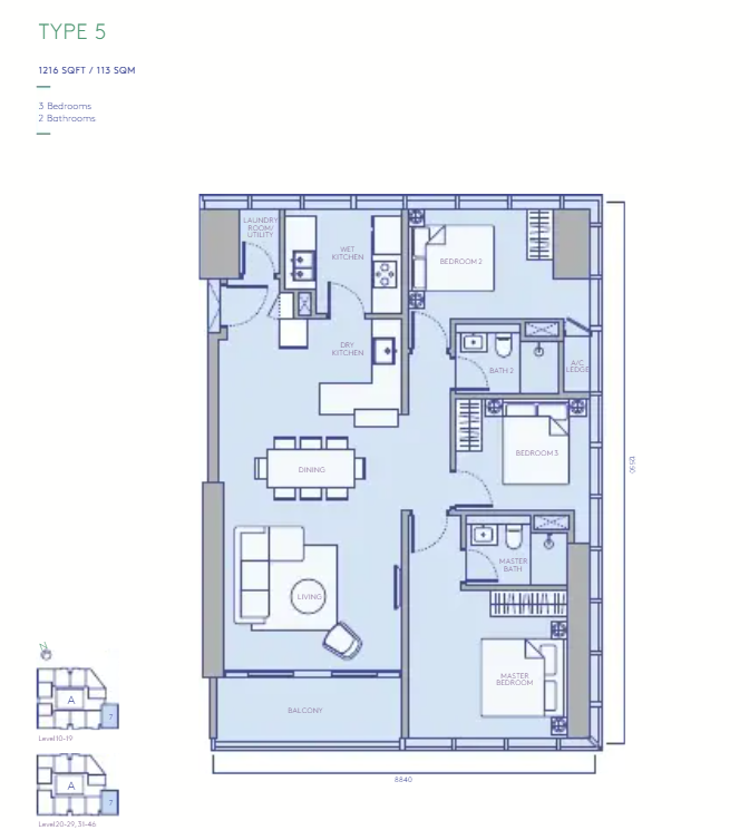 TRX Residences Type 5 · 3 Bed, 2 Bath · 1,216 sf floor plan