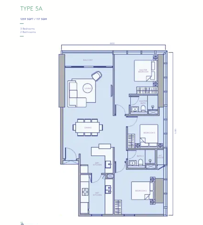 TRX Residences Type 5A · 3 Bed, 2 Bath · 1,259 sf floor plan