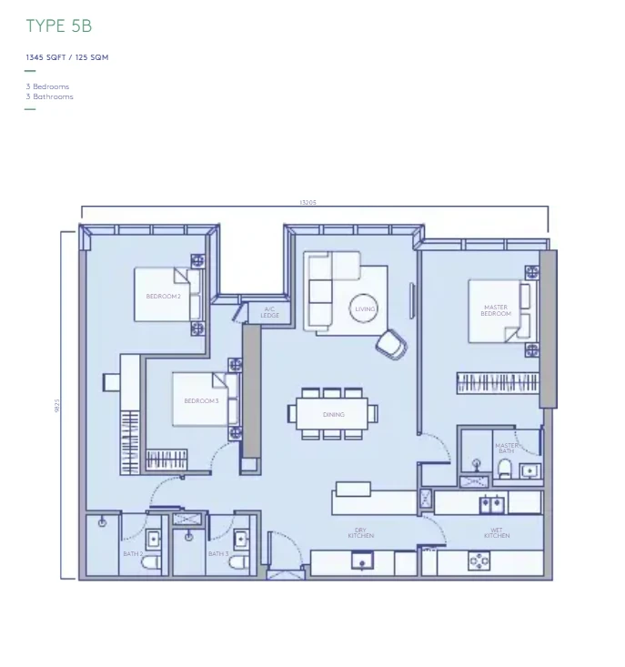TRX Residences Type 5B · 3 Bed, 3 Bath · 1,345 sf floor plan