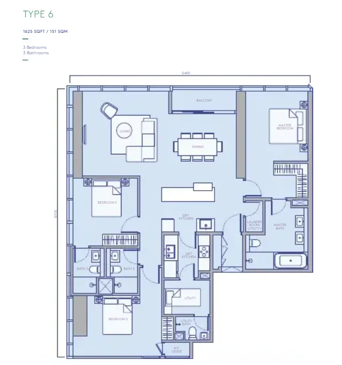 TRX Residences Type 6 · 3 Bed, 3 Bath · 1,625 sf floor plan