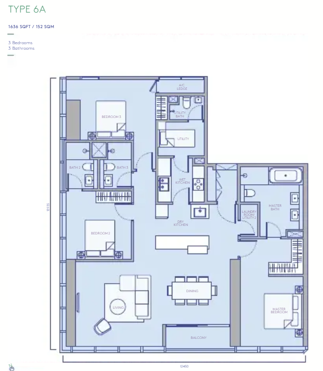 TRX Residences Type 6A · 3 Bed, 3 Bath · 1,636 sf floor plan