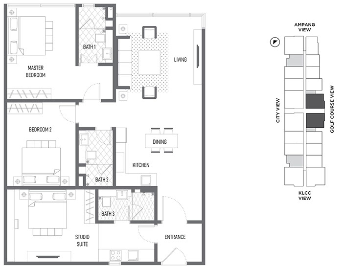 Impression U-Thant Type C · 1,259 sf · 3 Bedroom floor plan