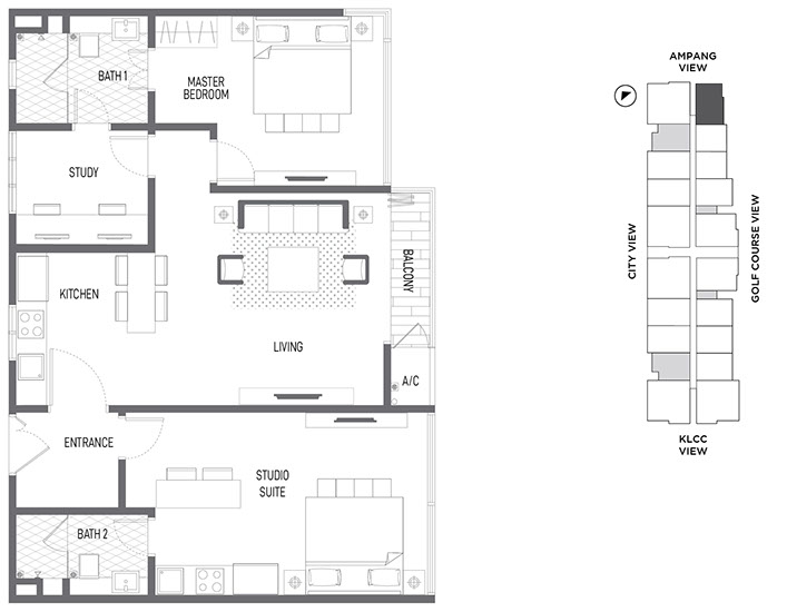 Impression U-Thant Type D1 · 1,076 sf · 2+1 Bedroom floor plan